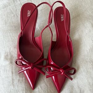 Zara Red Patent Pointed Toe Slingback Heels with Bow